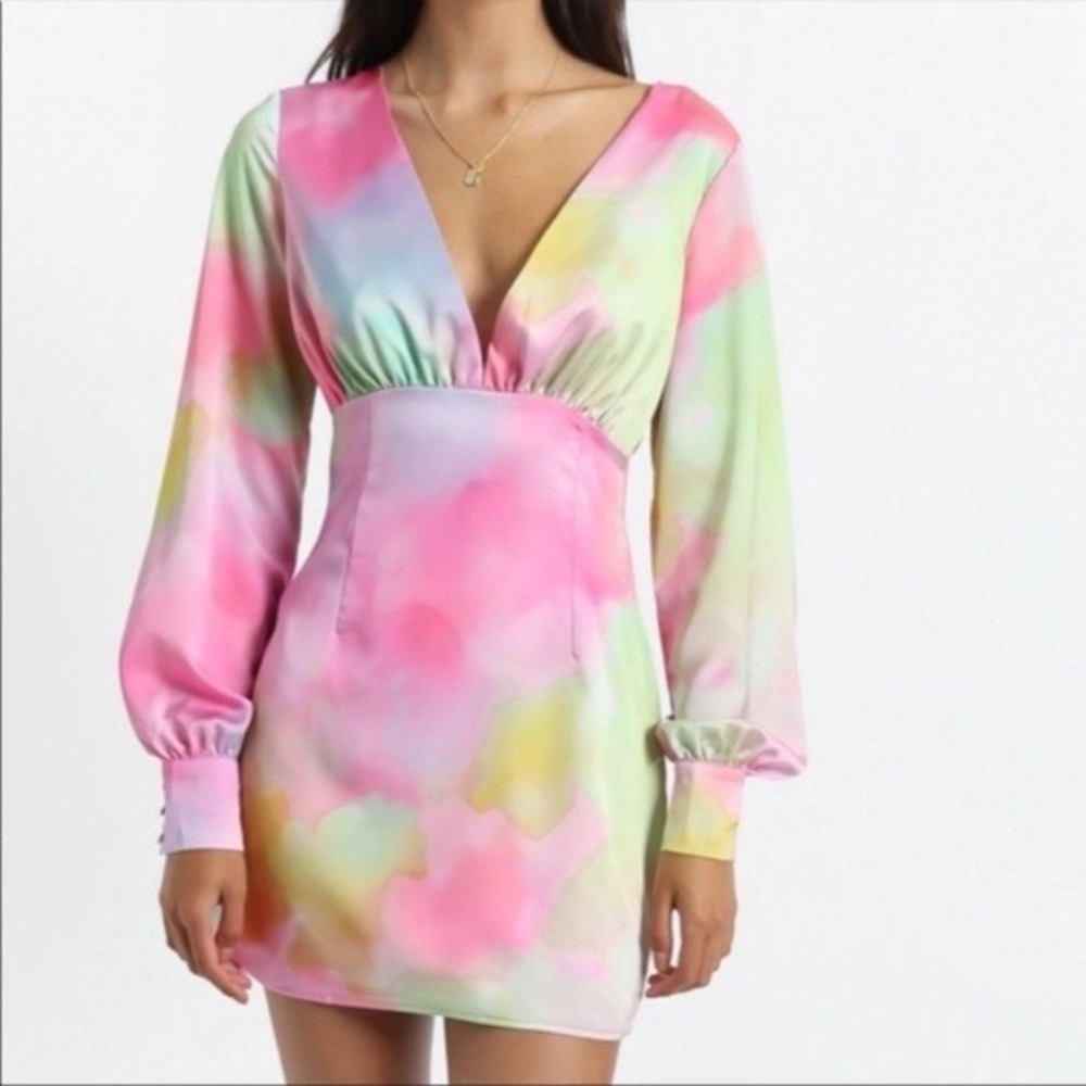 Showpo Esma‎ Sz 6 Marble Mini Dress Plunging Bright Florescent Long Sleeve Party